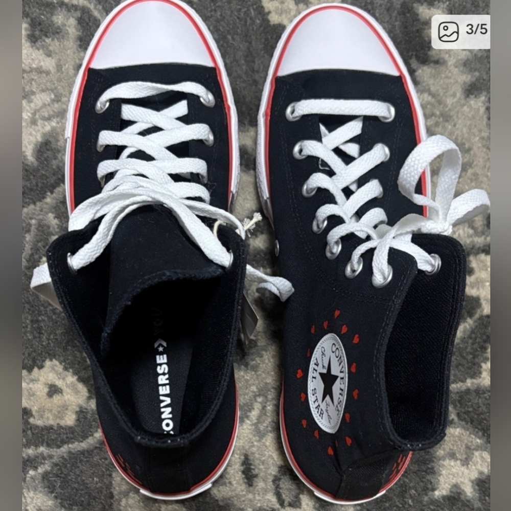 Converse Black and White High-Tops with Red Trim